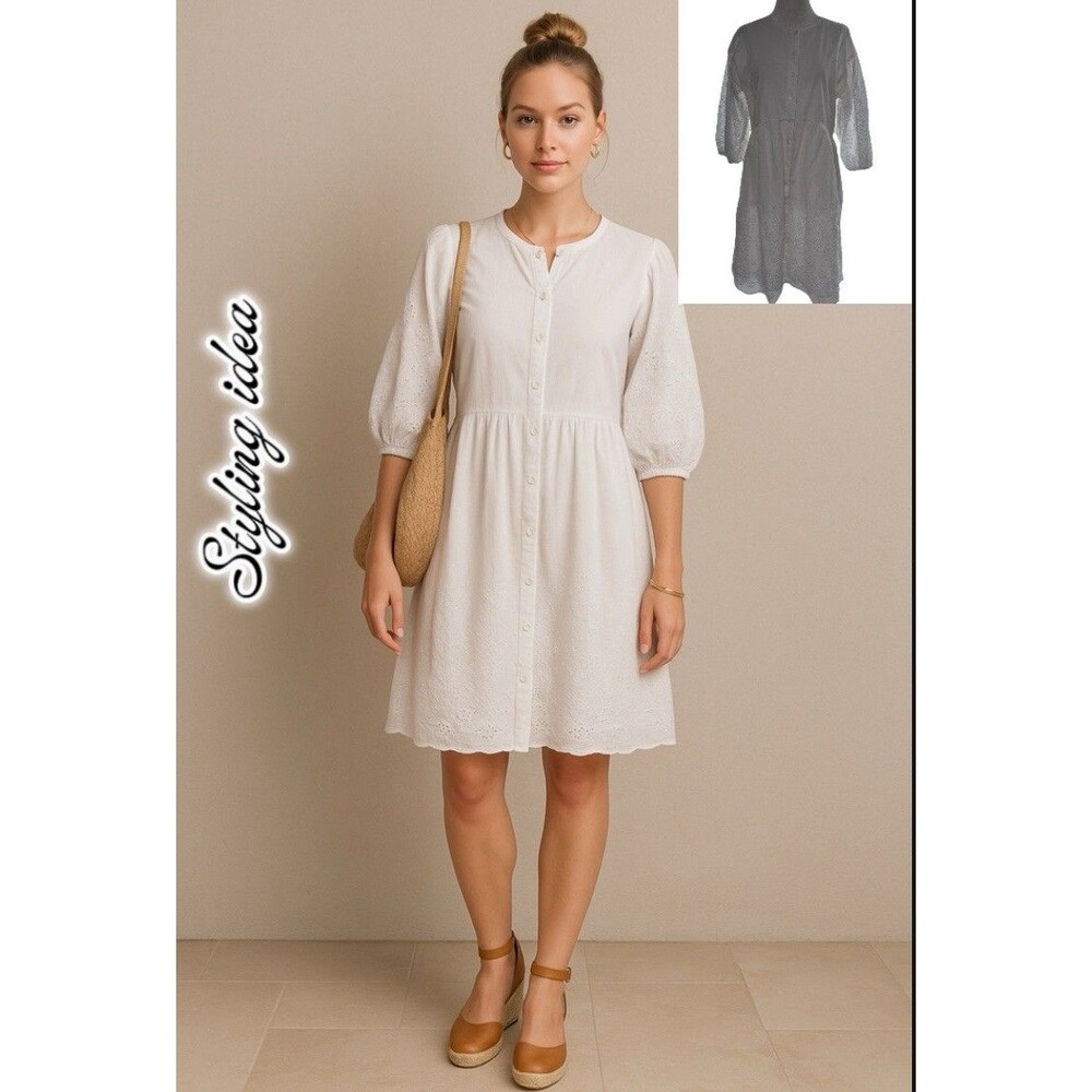 Good HART 100% Cotton Dress M White Boho Eyelet Embroidered Cottagecor